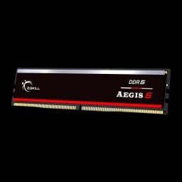 G.Skill Aegis 5 DDR5 16GB 5200 CL40 preto, vista frontal em ângulo: dissipador preto com faixa vermelha e logo DDR5 Aegis 5