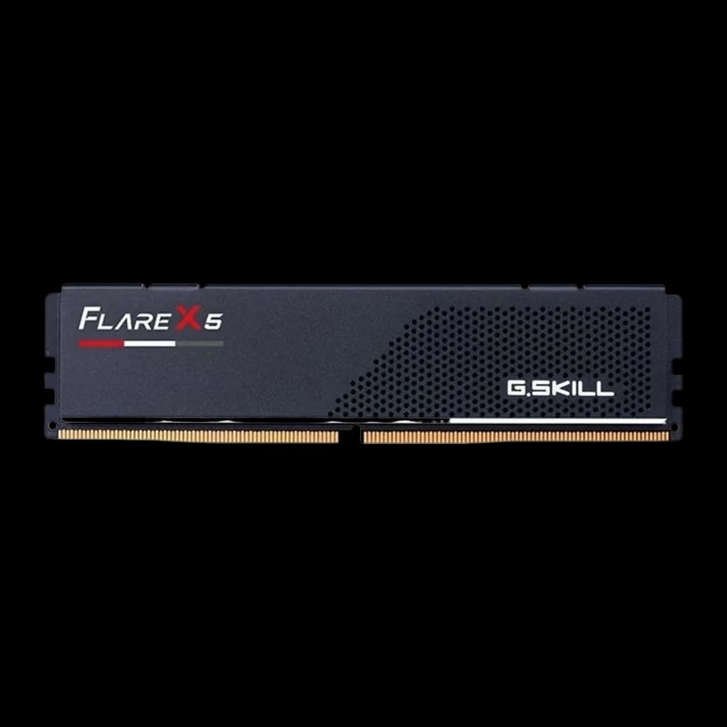 G.Skill Flare X5 DDR5 16GB 6000 CL36 preto, vista frontal: dissipador preto com logo Flare X5 e padrão hexagonal
