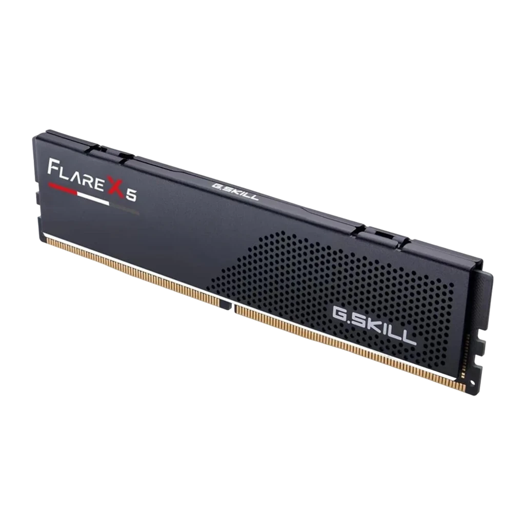 G.Skill Flare X5 DDR5 16GB 6000 CL36 preto, vista frontal: dissipador preto com logo Flare X5 e padrão hexagonal - Item1