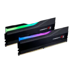 G.Skill Trident Z5 RGB DDR5 32GB 6400 CL30 negro, vista lateral: dos módulos en escorzo con iluminación RGB verde y