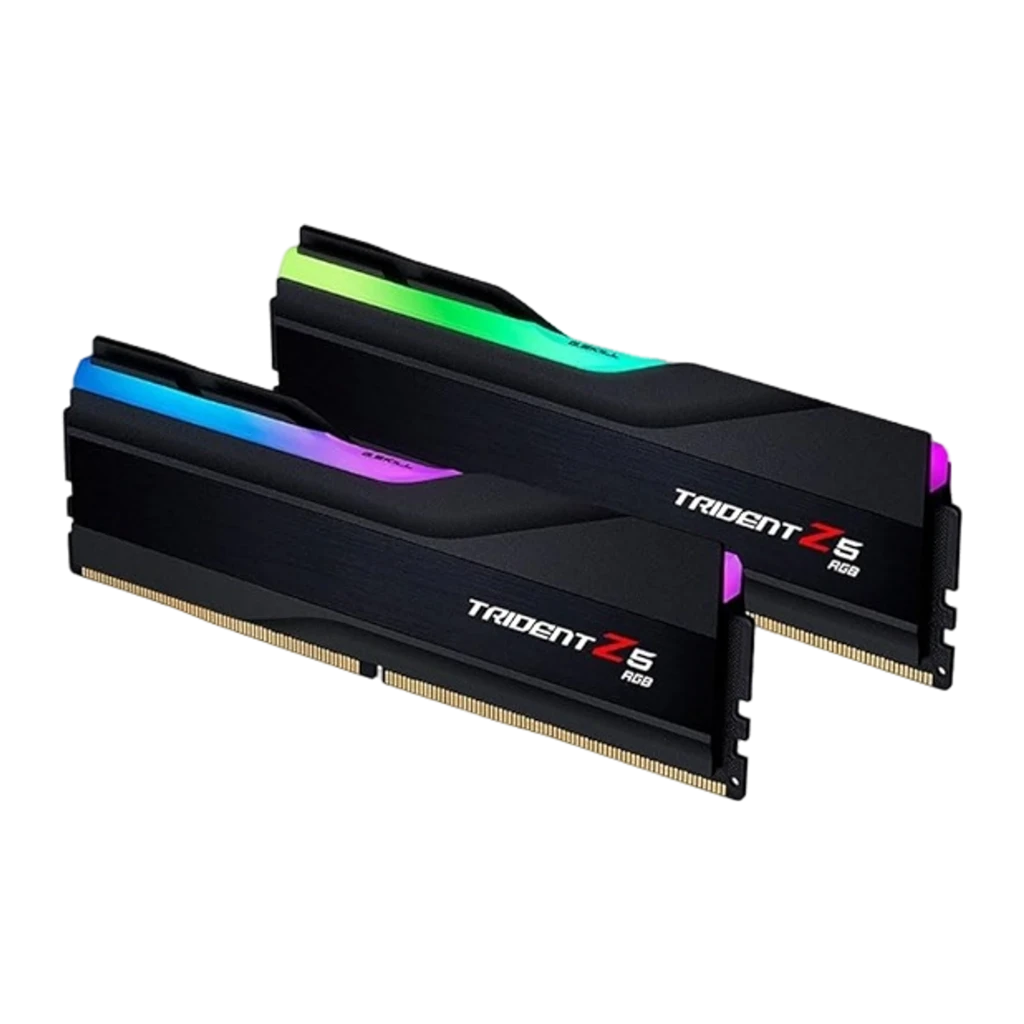 G.Skill Trident Z5 RGB DDR5 32GB 6400 CL30 negro, vista lateral: dos módulos en escorzo con iluminación RGB verde y - Ítem1