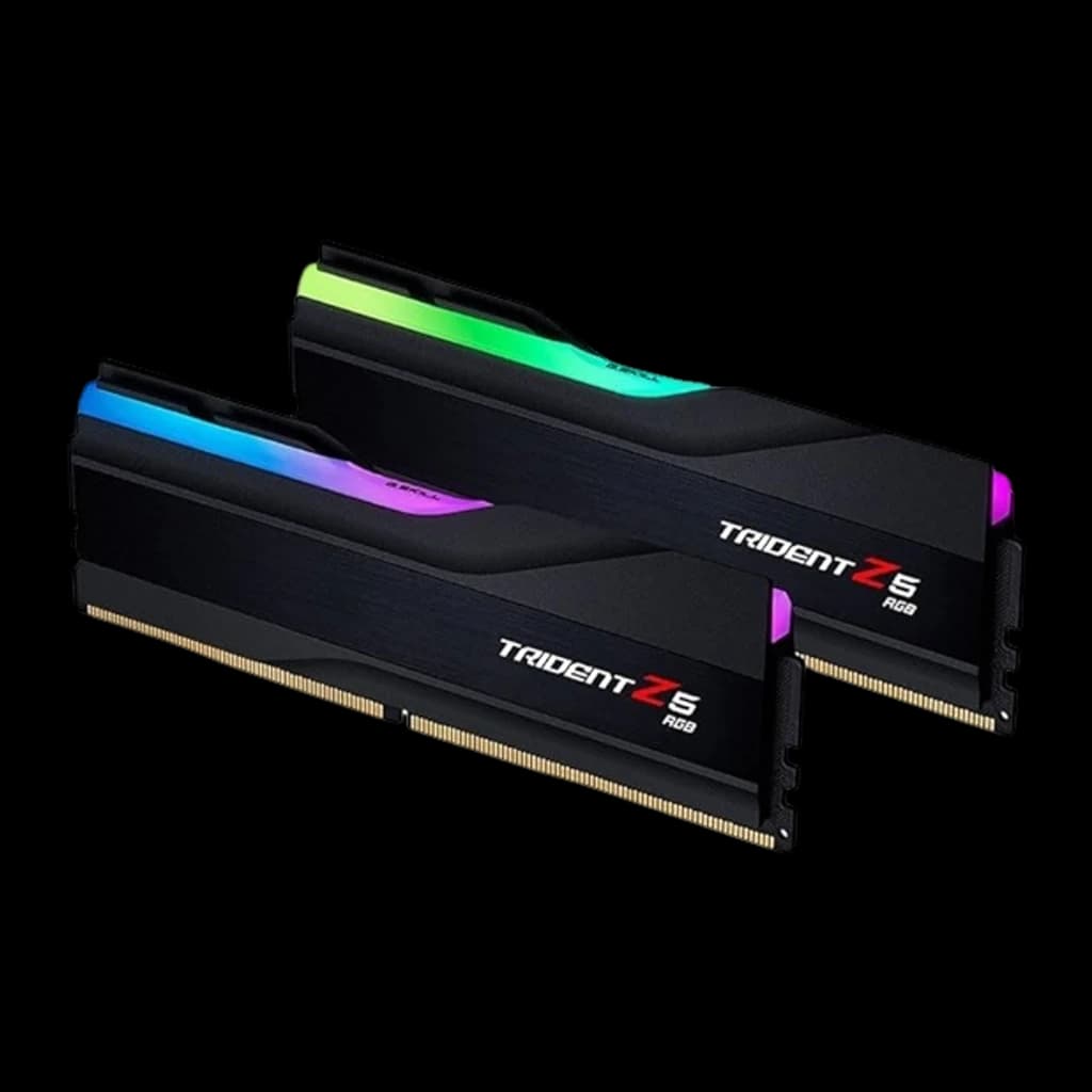 G.Skill Trident Z5 RGB DDR5 32GB 6400 CL30 negro, vista frontal: dos módulos apilados mostrando logo y RGB verde y
