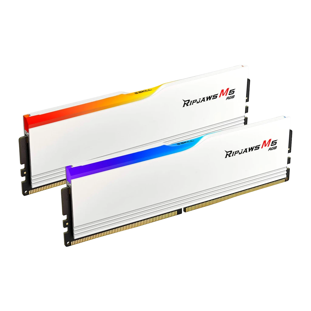G.Skill Ripjaws M5 RGB DDR5 32GB blanco, vista frontal en ángulo: dos módulos escalonados con iluminación RGB azul y - Ítem1