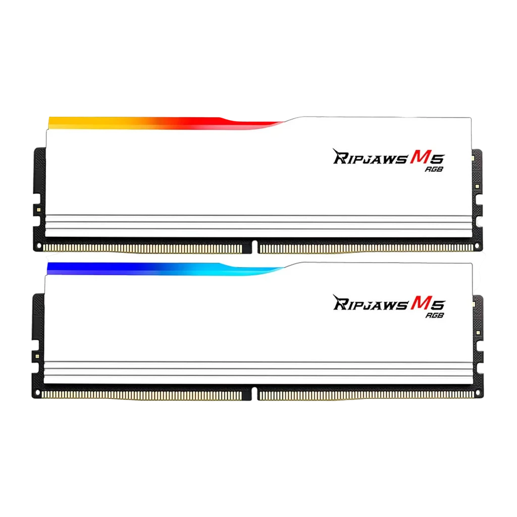 G.Skill Ripjaws M5 RGB DDR5 32GB blanco, vista frontal en ángulo: dos módulos escalonados con iluminación RGB azul y - Ítem2