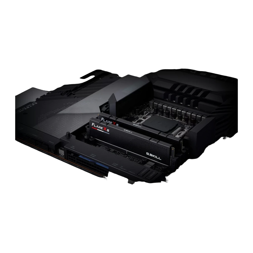 G.Skill Flare X5 DDR5 64GB 6000MHz noir, vue de face: deux modules du kit en perspective avec dissipateur texturé et logo - Ítem1