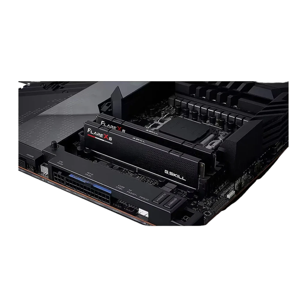 G.Skill Flare X5 DDR5 64GB 6000MHz noir, vue de face: deux modules du kit en perspective avec dissipateur texturé et logo - Ítem2