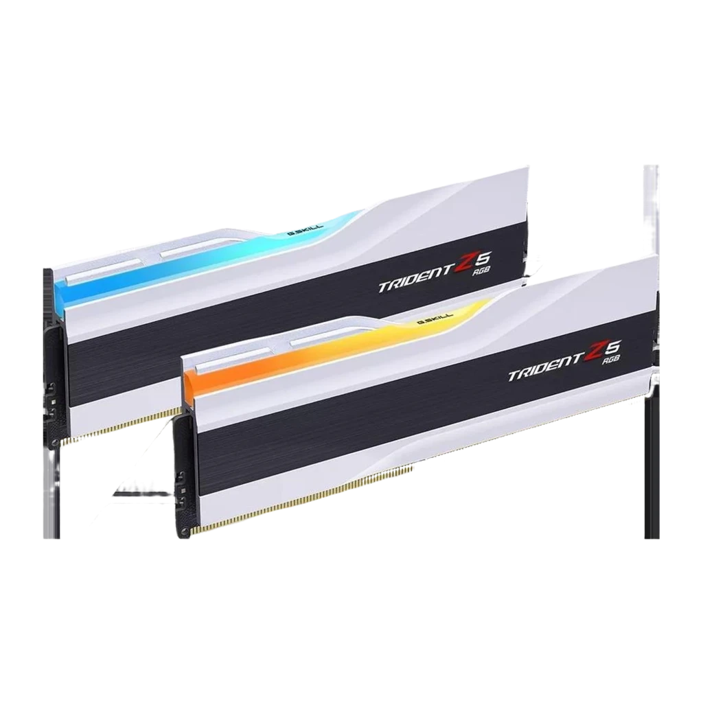 G.Skill Trident Z5 RGB DDR5 64GB 6000 CL34 blanc, vue avant en angle: deux modules décalés avec éclairage RGB actif - Ítem1