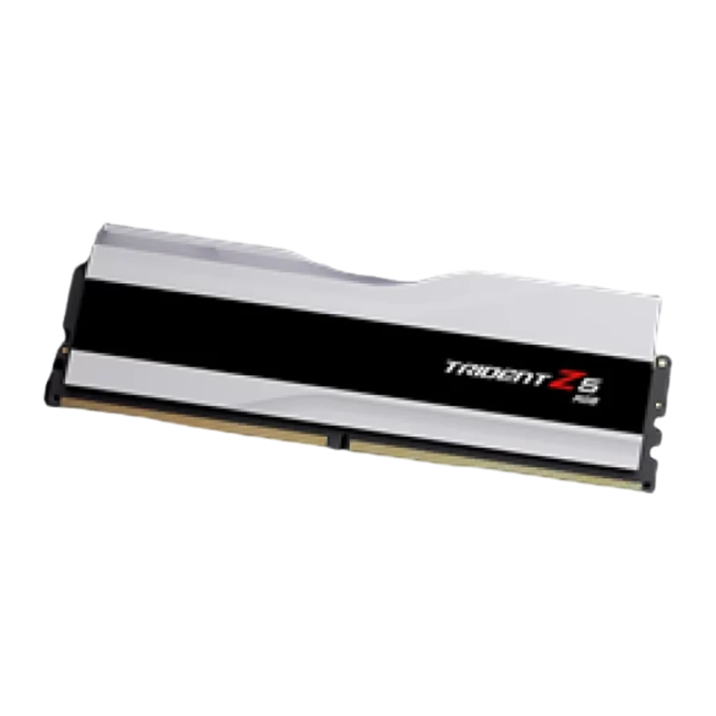 G.Skill Trident Z5 RGB DDR5 64GB 6000 CL34 blanc, vue avant en angle: deux modules décalés avec éclairage RGB actif - Ítem2