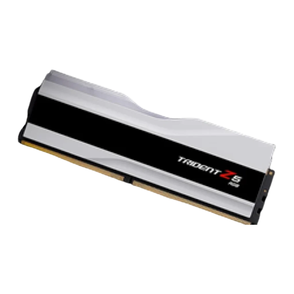 G.Skill Trident Z5 RGB DDR5 64GB 6000 CL34 blanc, vue avant en angle: deux modules décalés avec éclairage RGB actif - Ítem3