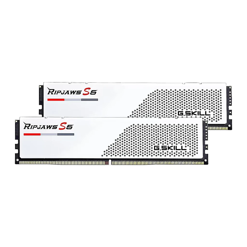 G.Skill Ripjaws S5 DDR5 64GB 6000 blanc, vue en perspective: deux modules DIMM décalés, dissipateur blanc avec logo rouge et - Ítem1