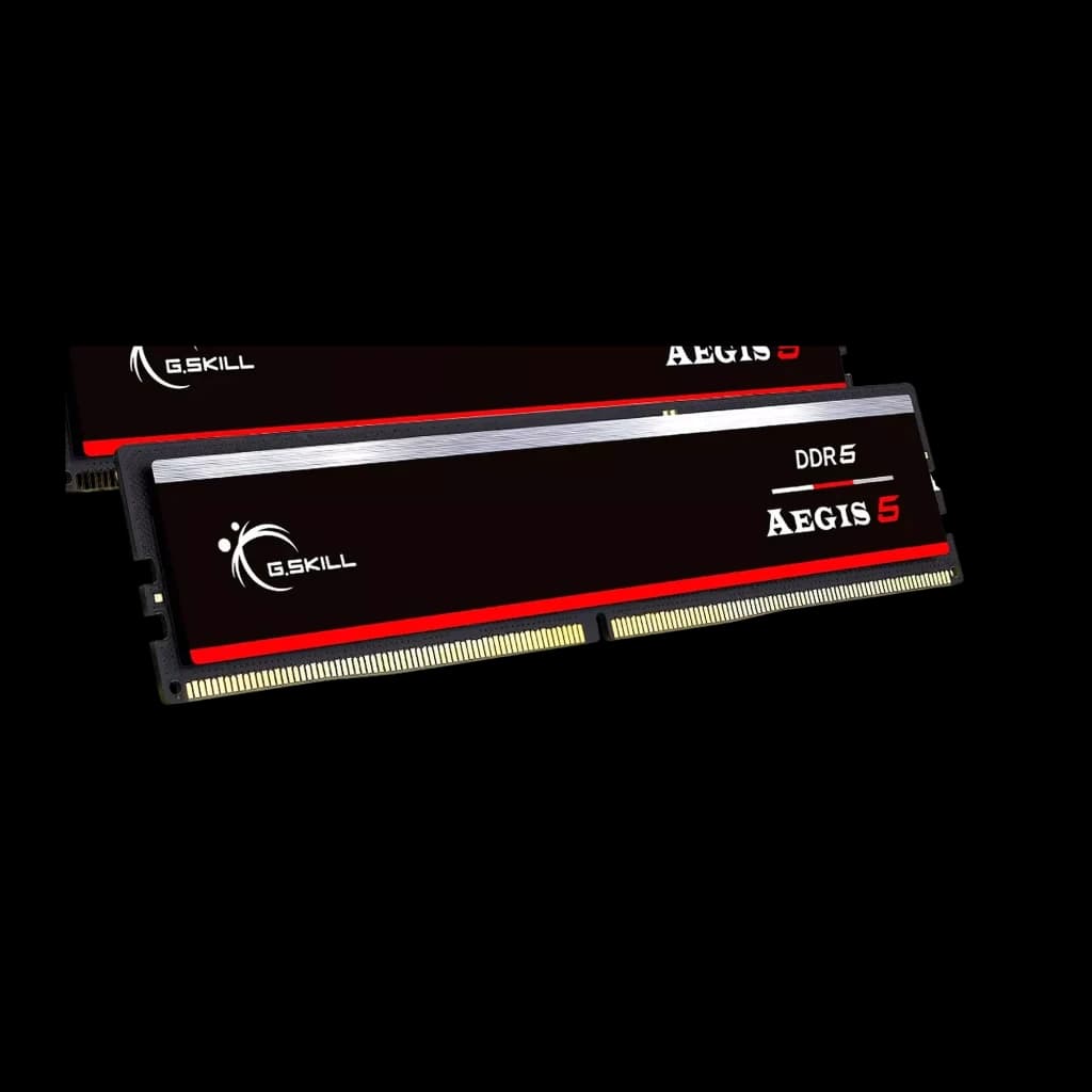 G.Skill Aegis 5 32GB DDR5-5600 negro, vista frontal: dos módulos RAM en ángulo, disipador negro con franja plateada y roja