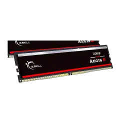 G.Skill Aegis 5 32GB DDR5-5600 negro, vista frontal: dos módulos RAM en ángulo, disipador negro con franja plateada y roja