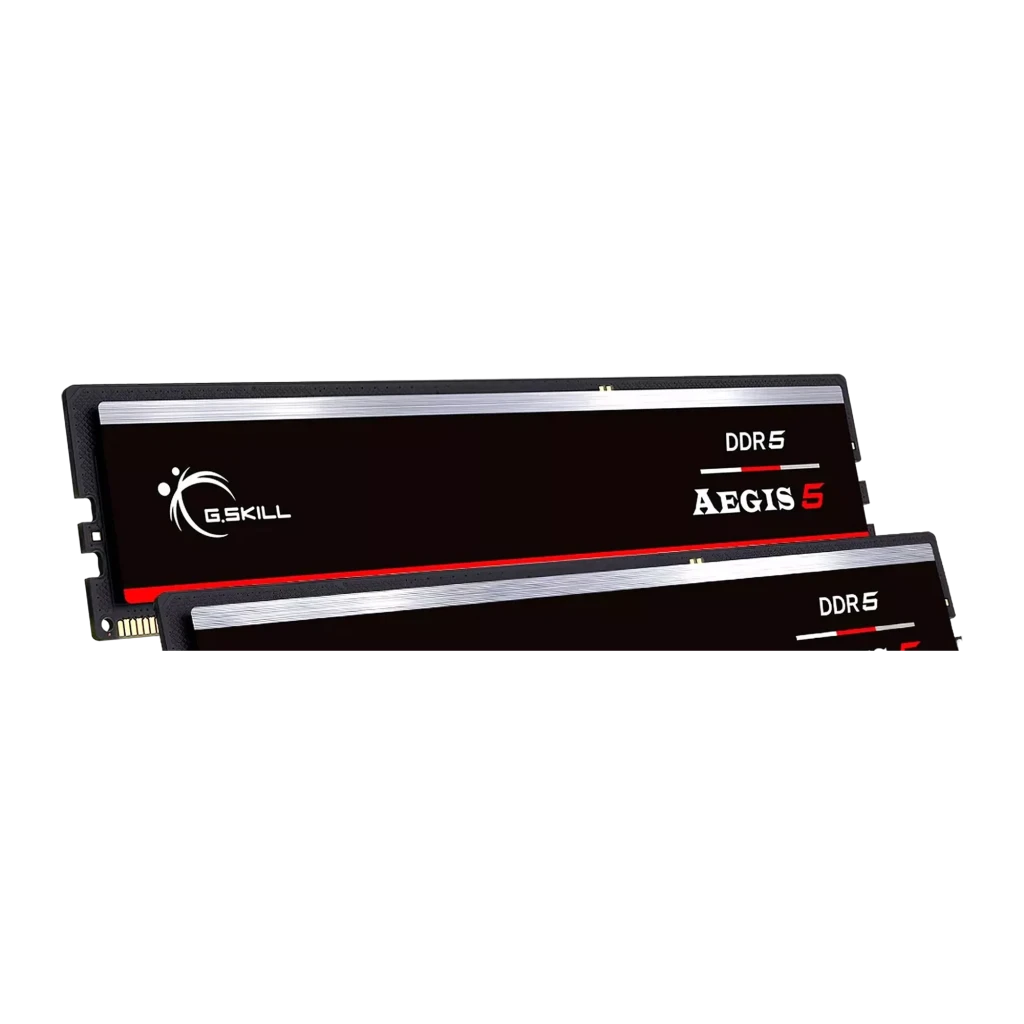 G.Skill Aegis 5 32GB DDR5-5600 negro, vista frontal: dos módulos RAM en ángulo, disipador negro con franja plateada y roja - Ítem1