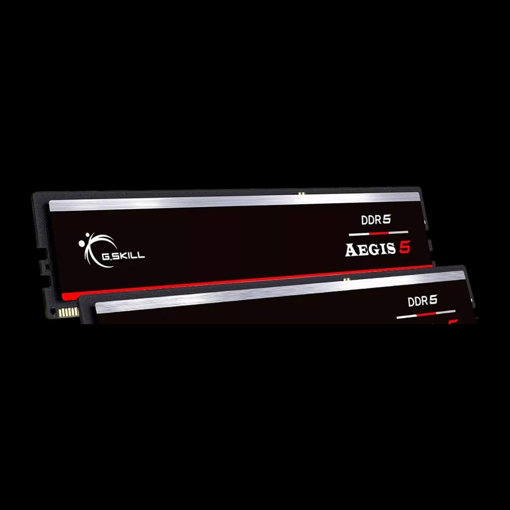 G.Skill Aegis 5 32GB DDR5-5600 negro, vista lateral: dos módulos RAM escalonados, conector dorado y logo G.Skill visibles