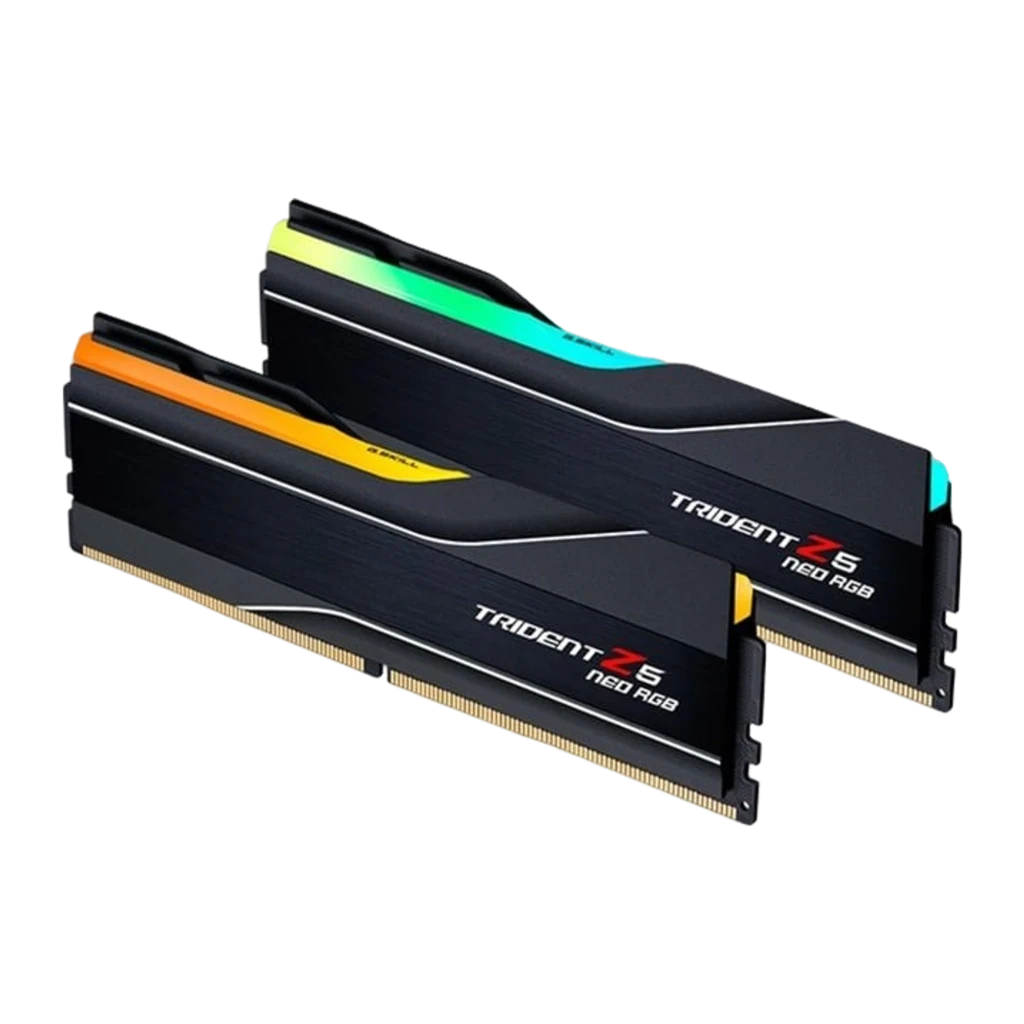 G.Skill Trident Z5 Neo RGB 32GB DDR5-6000 negro, vista frontal en ángulo: dos módulos con iluminación RGB multicolor en la - Ítem1