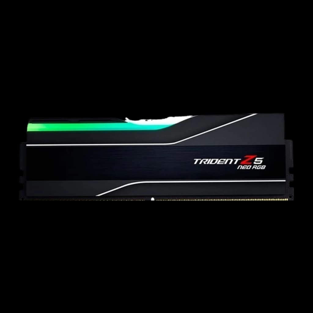 G.Skill Trident Z5 Neo RGB 32GB DDR5-6000 negro, vista frontal de un solo módulo: disipador negro cepillado con RGB verde y