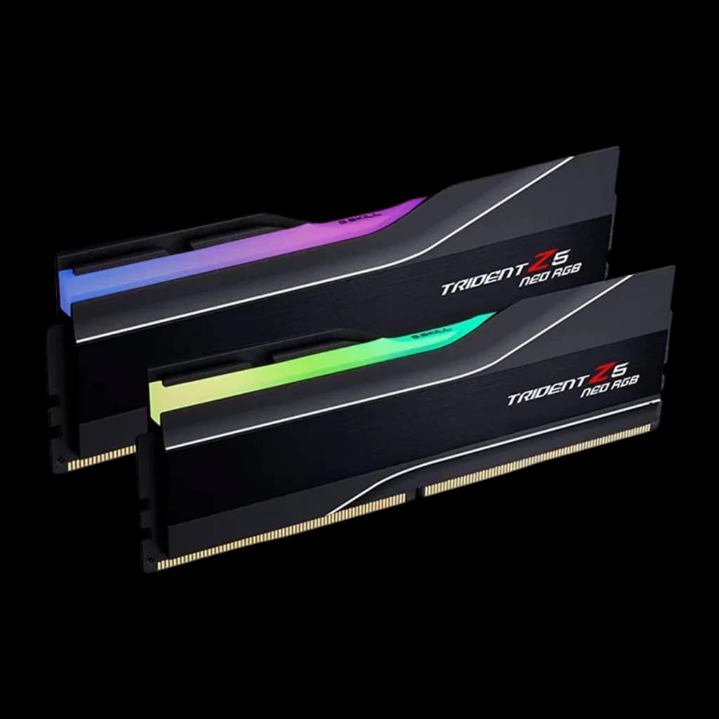 G.Skill Trident Z5 Neo RGB 32GB DDR5-6000 negro, vista en ángulo: dos módulos escalonados con iluminación RGB en la cresta