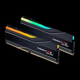 G.Skill Trident Z5 Neo RGB 32GB DDR5-6000 negro, vista lateral izquierda: dos módulos con RGB naranja y verde visibles en la