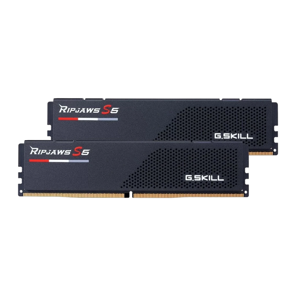 G.Skill Ripjaws S5 64GB DDR5-6400 Kit noir, vue en angle: deux barrettes RAM avec dissipateur texturé et logo rouge - Ítem1