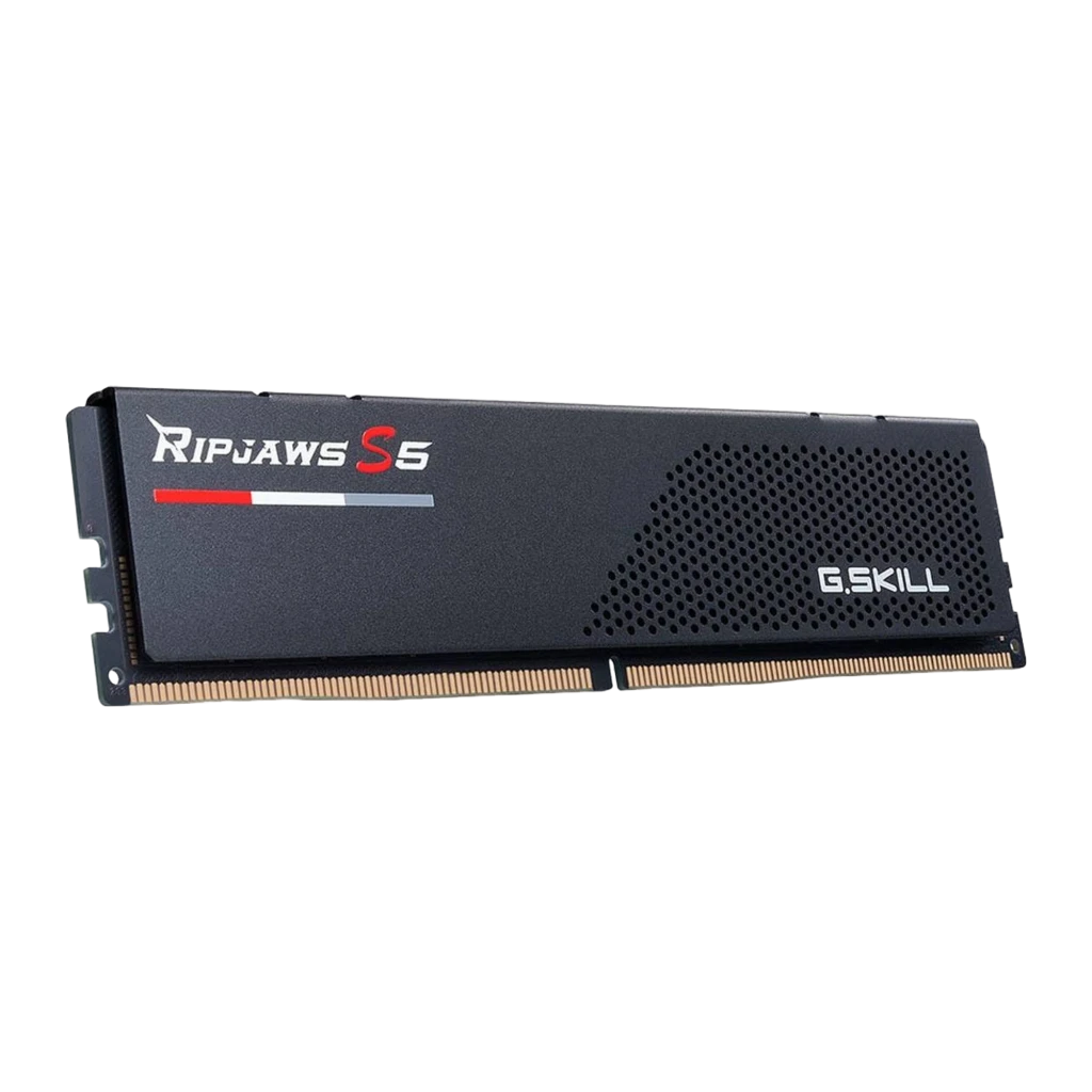 G.Skill Ripjaws S5 64GB DDR5-6400 Kit noir, vue en angle: deux barrettes RAM avec dissipateur texturé et logo rouge - Ítem2