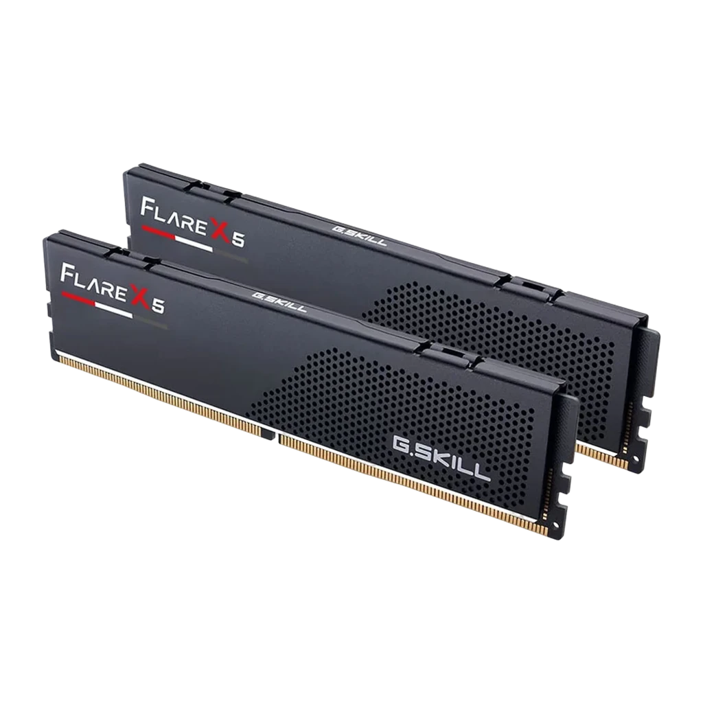 G.Skill Flare X5 48GB DDR5 noir, vue en perspective: deux modules DIMM avec dissipateur texturé et logo rouge et blanc - Ítem1