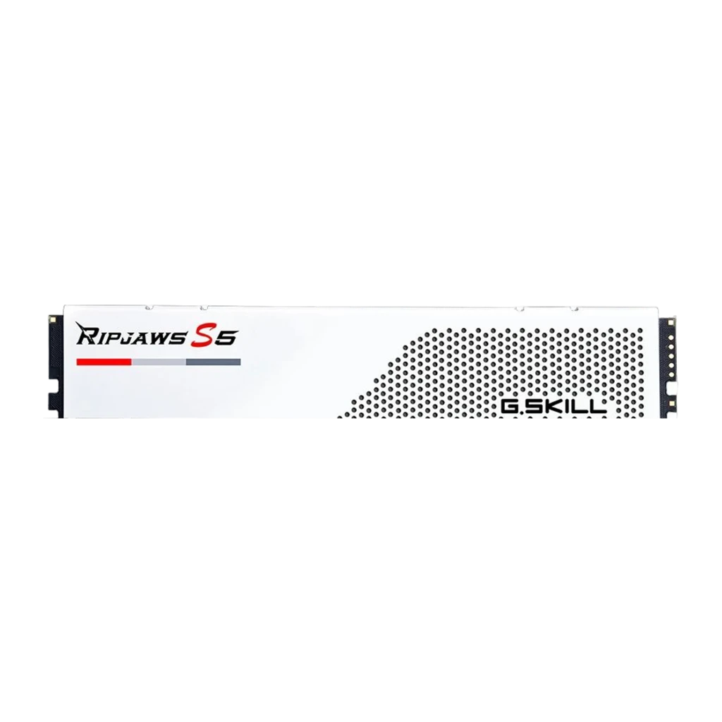 G.Skill Ripjaws S5 64GB Blanc, vue de face: kit 2x DDR5 DIMM superposés, dissipateur blanc avec motif perforé et logo rouge - Ítem1