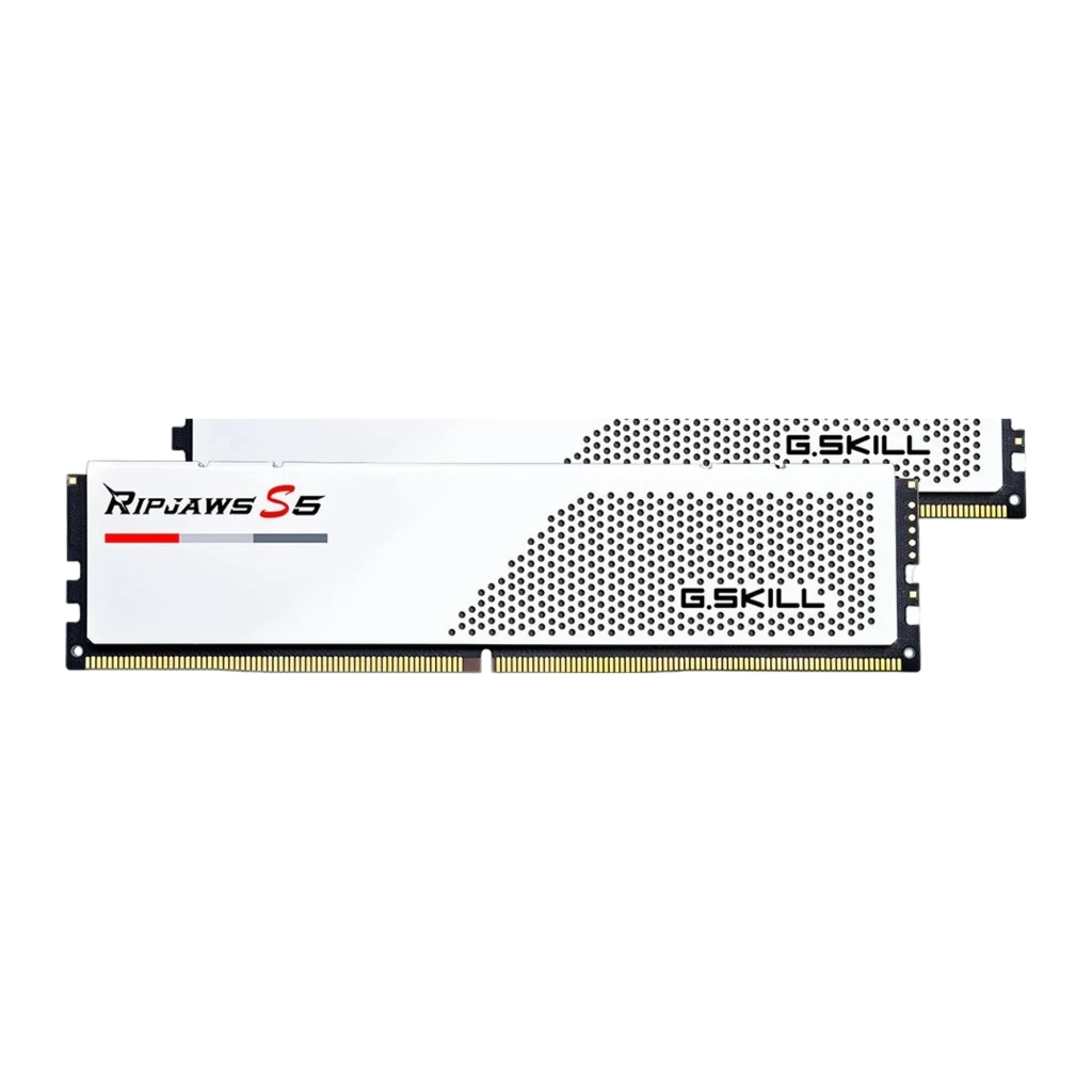 G.Skill Ripjaws S5 64GB Blanc, vue de face: kit 2x DDR5 DIMM superposés, dissipateur blanc avec motif perforé et logo rouge - Ítem2