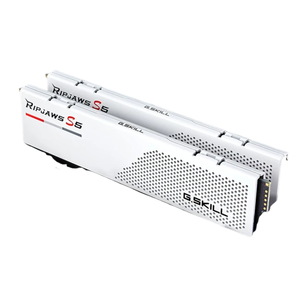 G.Skill Ripjaws S5 64GB Blanc, vue de face: kit 2x DDR5 DIMM superposés, dissipateur blanc avec motif perforé et logo rouge - Ítem3