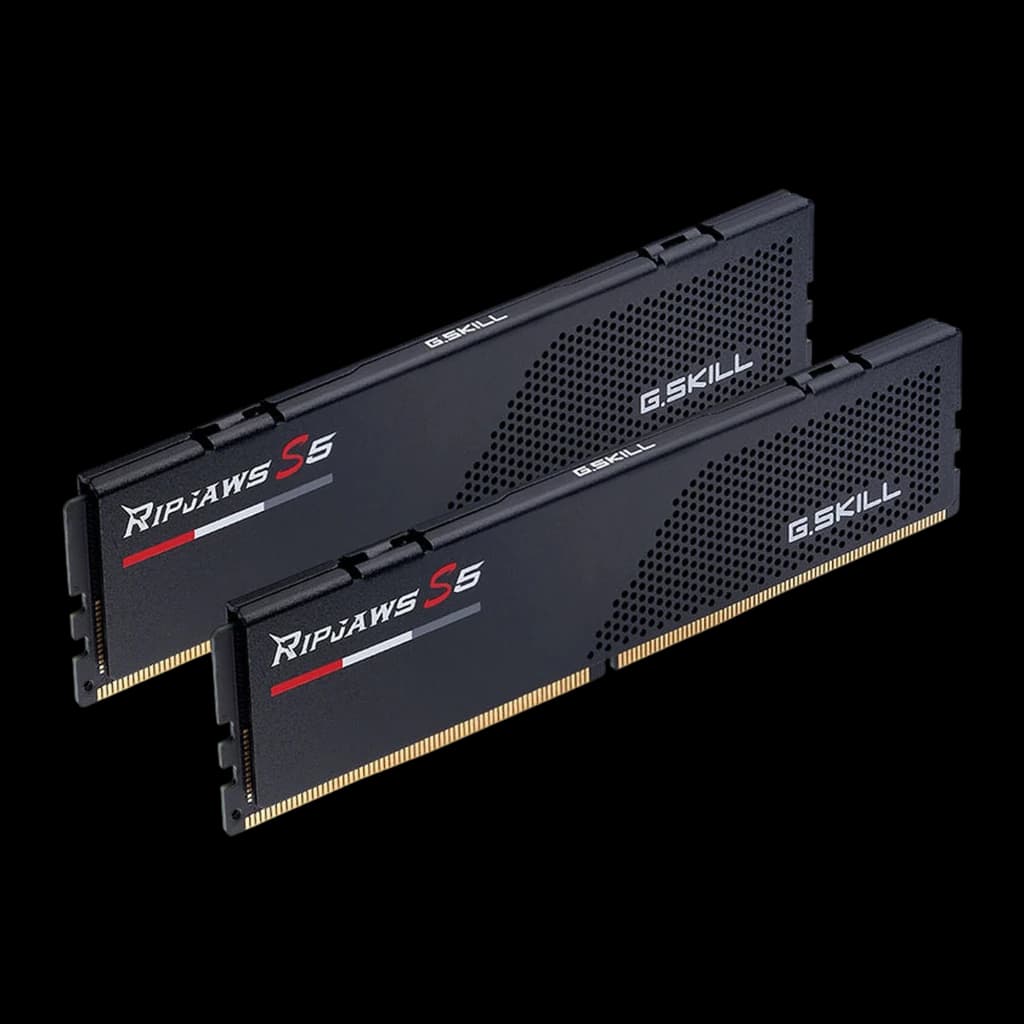 G.Skill Ripjaws S5 64GB negro, vista en perspectiva: dos módulos DDR5 escalonados, disipador texturizado y logo rojo