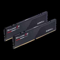 G.Skill Ripjaws S5 64GB negro, vista en perspectiva: dos módulos DDR5 escalonados, disipador texturizado y logo rojo