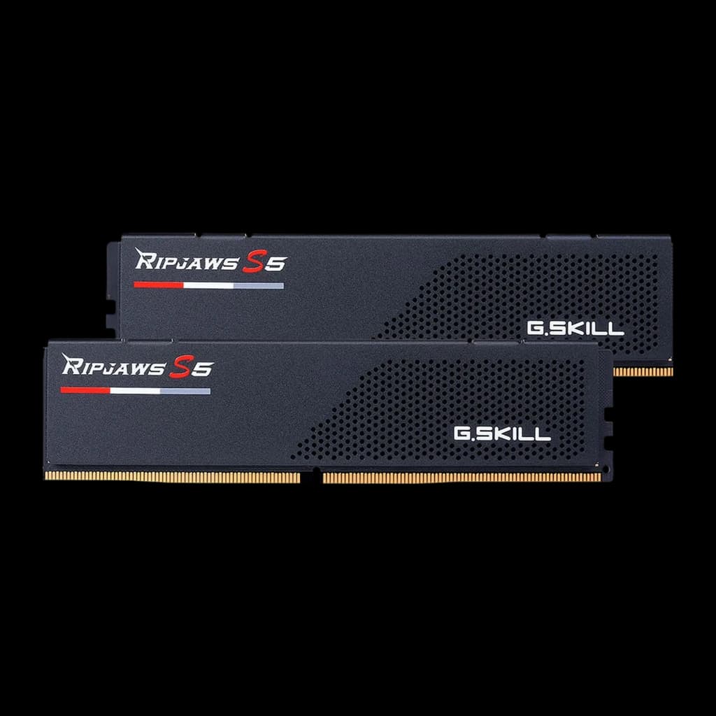 G.Skill Ripjaws S5 64GB negro, vista frontal: dos módulos DDR5 apilados mostrando cara completa con rejilla y contactos