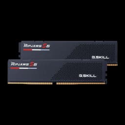G.Skill Ripjaws S5 64GB negro, vista frontal: dos módulos DDR5 apilados mostrando cara completa con rejilla y contactos