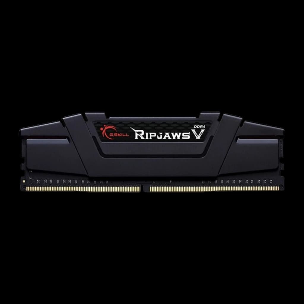G.Skill Ripjaws V 32GB negro, vista frontal: un módulo DDR4 con disipador negro y logo Ripjaws V en rojo