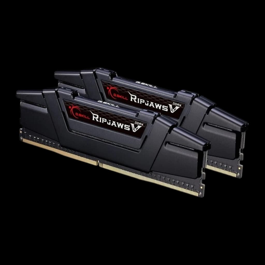 G.Skill Ripjaws V 32GB negro, vista en ángulo: kit dual channel 2x16GB con conectores dorados visibles