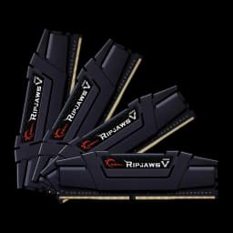 G.Skill Ripjaws V DDR4 32GB negro, kit completo: 4 módulos en abanico mostrando disipador angular y contactos dorados