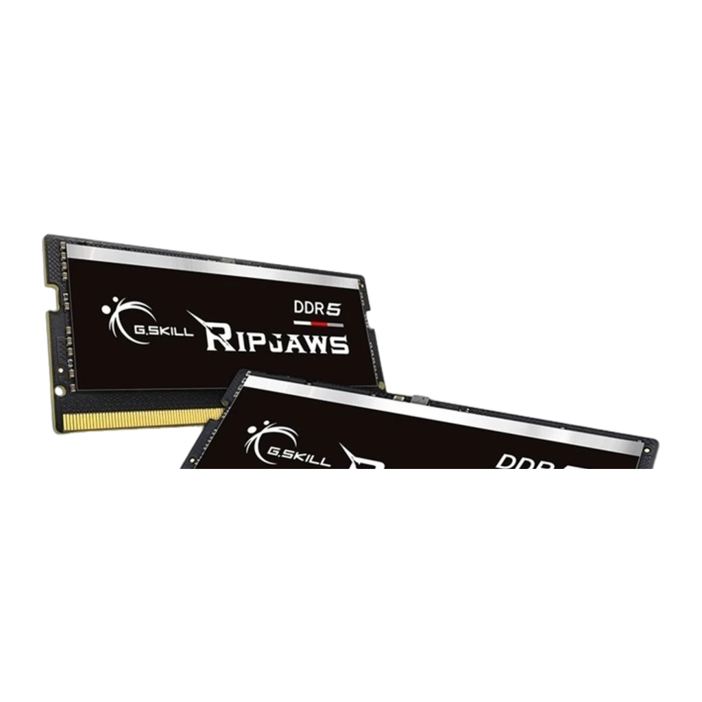 G.Skill Ripjaws SO-DIMM DDR5 64GB negro, vista frontal: dos módulos apilados, etiqueta DDR5 y conectores dorados visibles - Ítem1