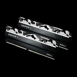 G.Skill Sniper X 32GB negro, vista frontal: kit 2x16GB DDR4 en escorzo, disipador camuflaje urbano y conector dorado