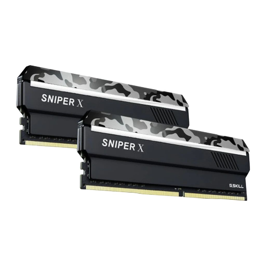 G.Skill Sniper X 32GB noir, vue de face: kit 2x16GB DDR4 en biais, dissipateur camouflage urbain et connecteur doré - Ítem1