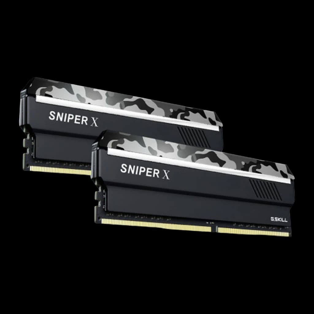 G.Skill Sniper X 32GB negro, vista lateral: dos módulos DDR4 escalonados mostrando lateral con ranuras de ventilación