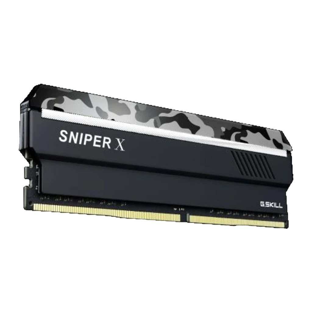 G.Skill Sniper X 32GB noir, vue de face: kit 2x16GB DDR4 en biais, dissipateur camouflage urbain et connecteur doré - Ítem2