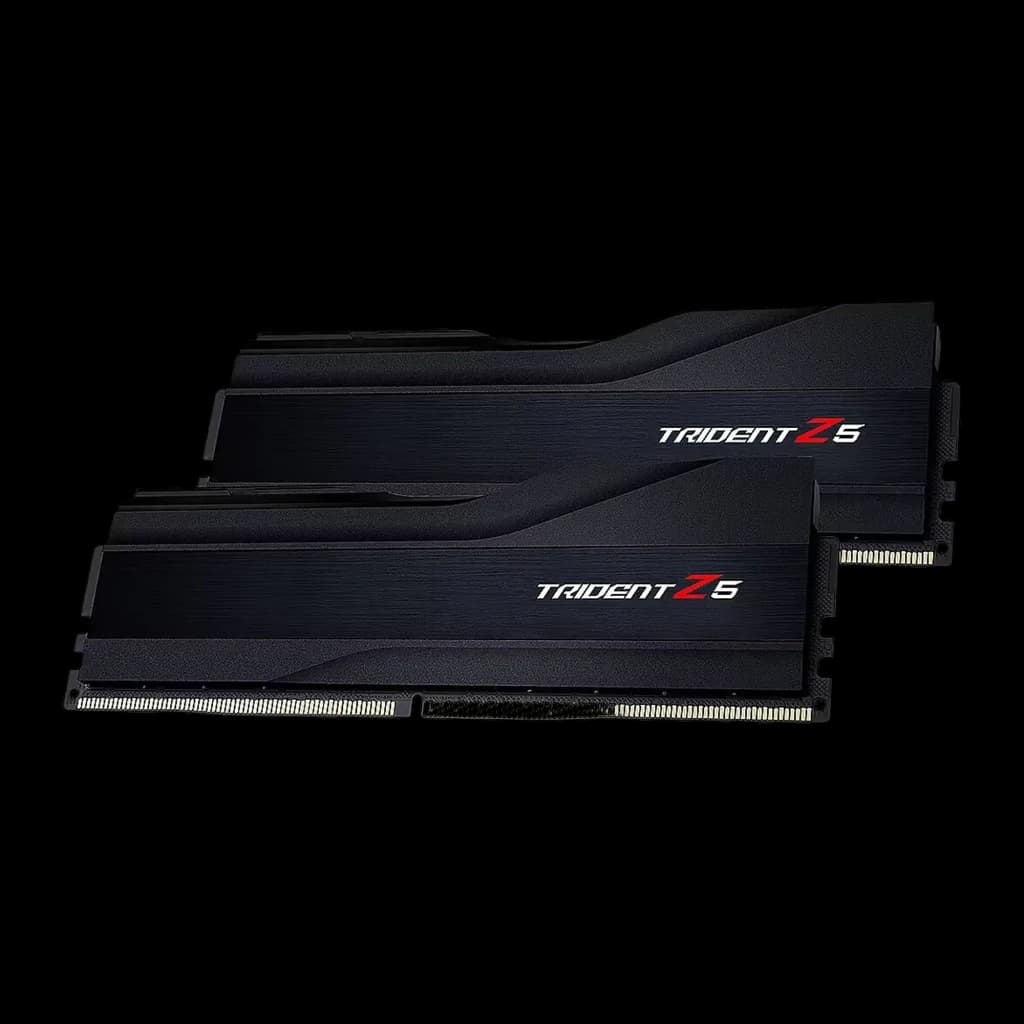 G.Skill Trident Z5 32GB negro, vista en perspectiva: dos módulos DDR5 escalonados con disipador negro y logo rojo