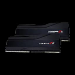 G.Skill Trident Z5 32GB negro, vista en perspectiva: dos módulos DDR5 escalonados con disipador negro y logo rojo