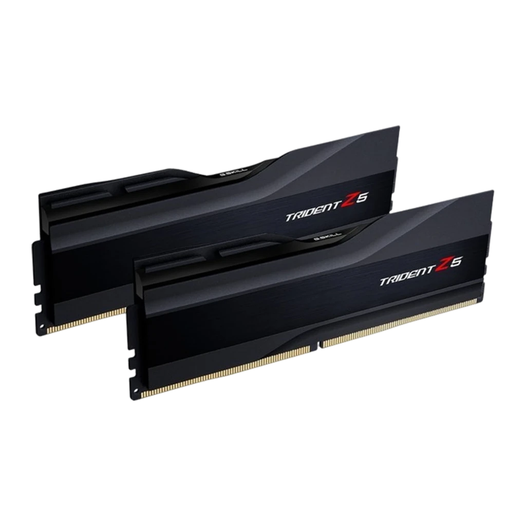 G.Skill Trident Z5 32GB negro, vista en perspectiva: dos módulos DDR5 escalonados con disipador negro y logo rojo - Ítem1