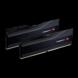 G.Skill Trident Z5 32GB negro, vista frontal en ángulo: dos módulos DDR5 de pie mostrando perfil superior dentado y logo