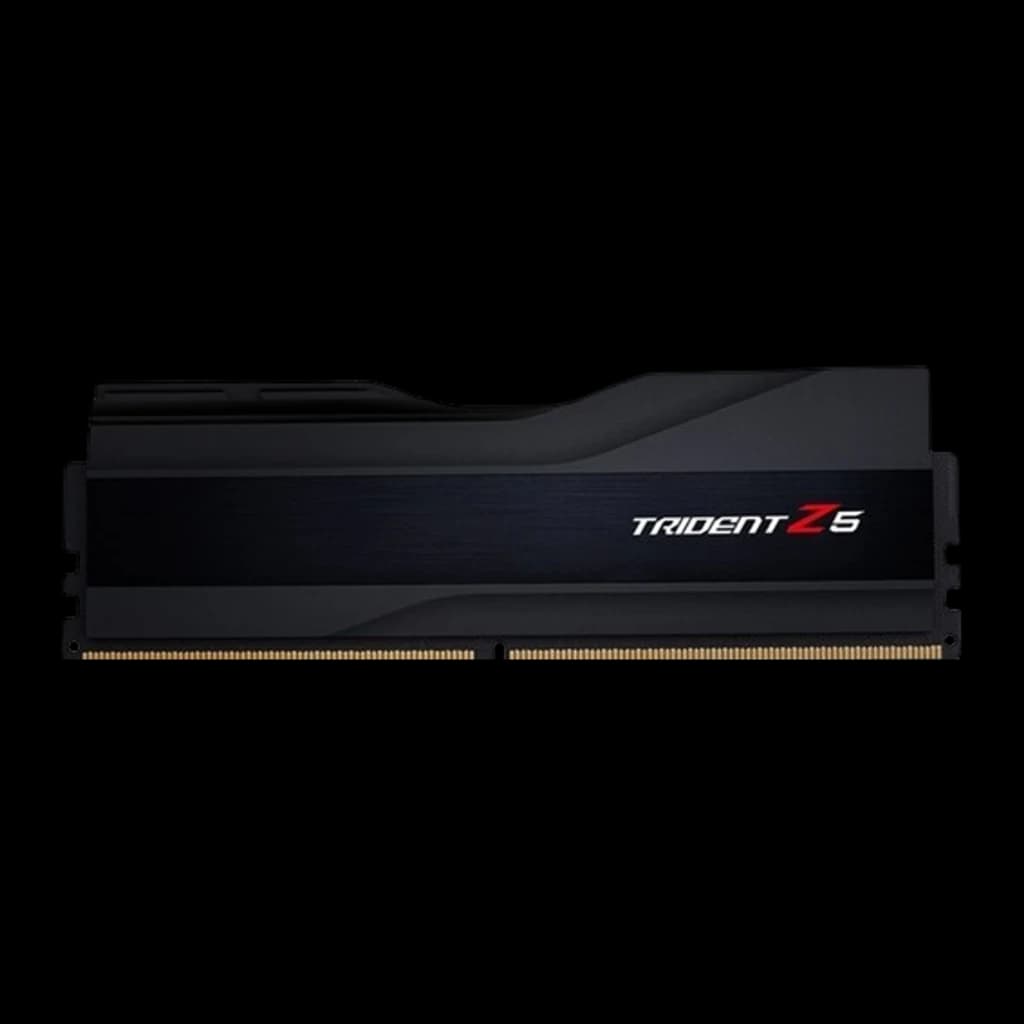 G.Skill Trident Z5 32GB negro, vista lateral plana: un solo módulo DDR5 con disipador cepillado, logo Trident Z5 y contactos