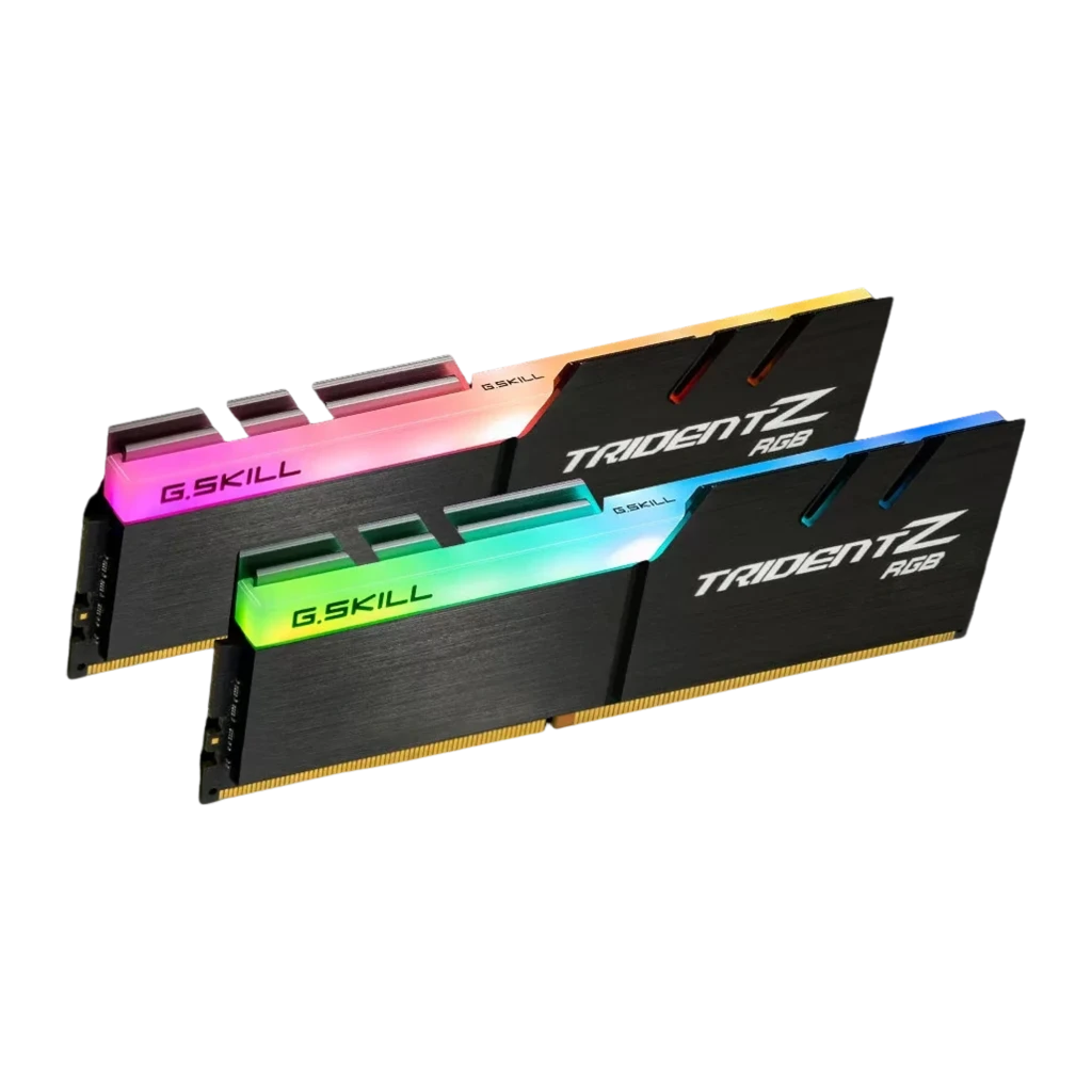 G.Skill Trident Z RGB 32GB noir, vue de face en angle: 2 modules DDR4 empilés avec éclairage RGB sur la crête - Ítem1