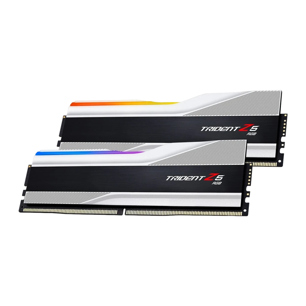 G.Skill Trident Z5 RGB 64GB noir et argent, vue de face en angle: kit 2x32Go DDR5 avec éclairage RGB allumé et contacts - Ítem1