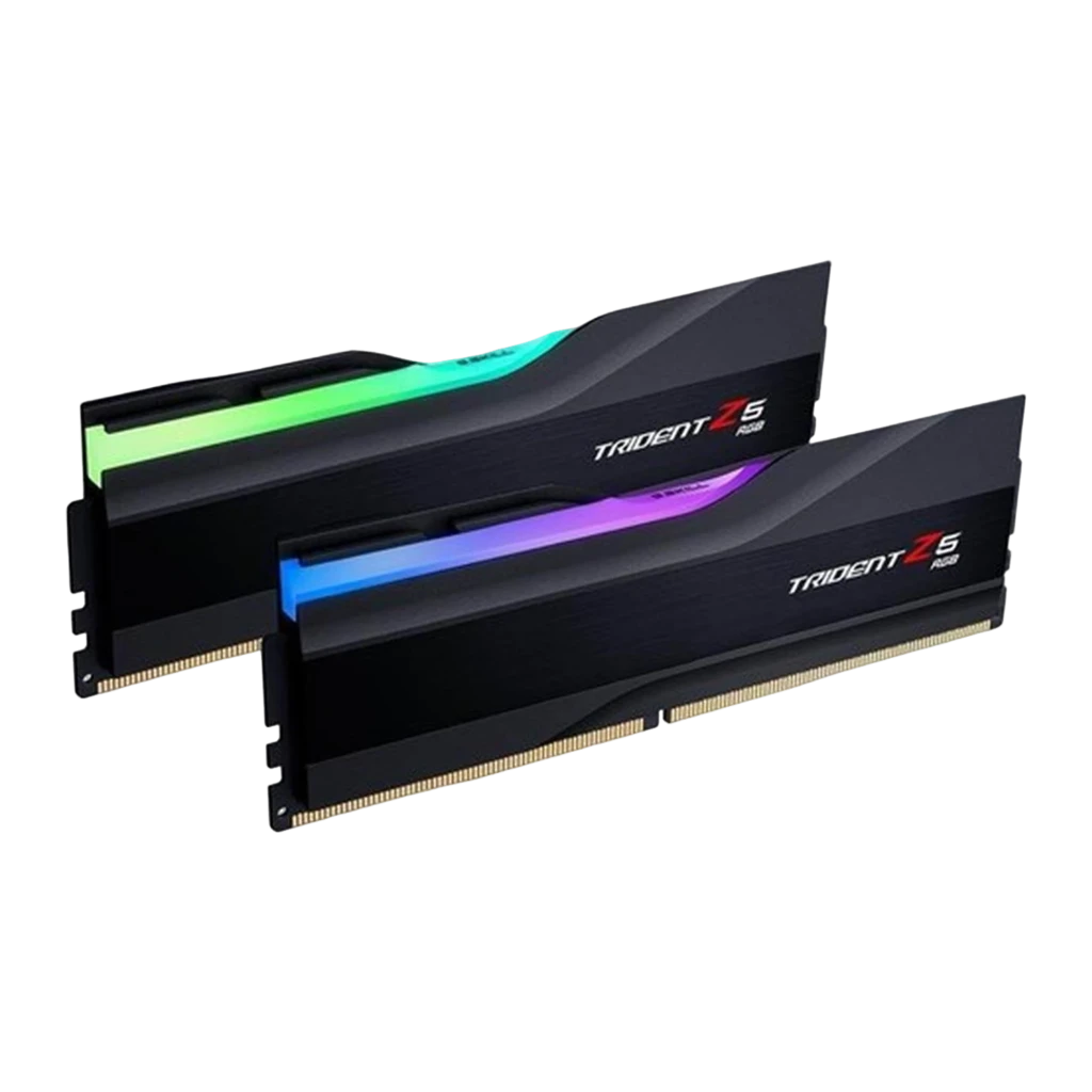 G.Skill Trident Z5 RGB 32GB noir DDR5, vue en angle: deux modules empilés avec éclairage RGB multicolore sur la barre - Ítem2