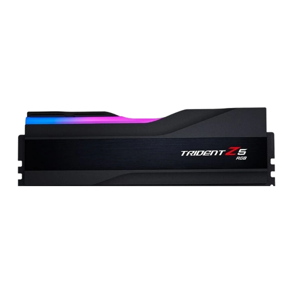 G.Skill Trident Z5 RGB 32GB noir DDR5, vue en angle: deux modules empilés avec éclairage RGB multicolore sur la barre - Ítem3