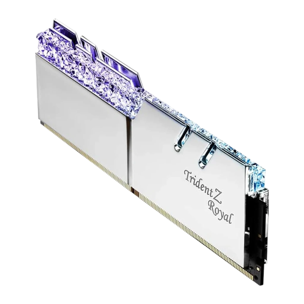 G.Skill Trident Z Royal 32GB DDR4 argent, vue en perspective: kit 2 modules avec éclairage RGB multicolore sur cristal taillé - Ítem1